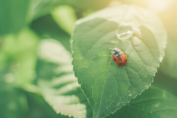 Fototapeta premium Ladybug on a dew-covered leaf, macro shot, morning light.. Beautiful simple AI generated image in 4K, unique.