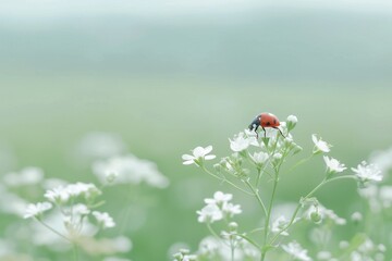 Close-up wildlife of a ladybug in the green grass in the forest. Beautiful simple AI generated image in 4K, unique.