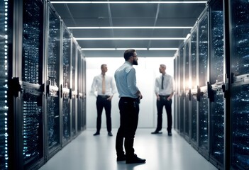 Fototapeta premium engineers two cabinets data standing center network cables confidence hansom information technology crew team server professional men
