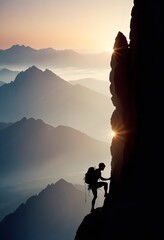 Fototapeta premium silhouette of climber climbing high cliffs, mountain layers and sunset view background 