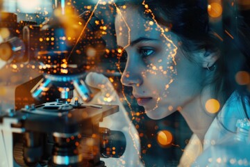 Woman is looking through microscope at blurry image of woman's face