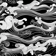 Fototapeta premium Black and White Stylized Illustrated Waves in a Seamless Tile