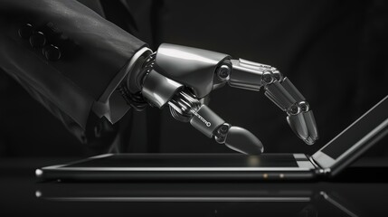 Fototapeta premium A stylish image of a robotic hand, dressed in a bespoke suit and tie, poised over a sleek, modern tablet
