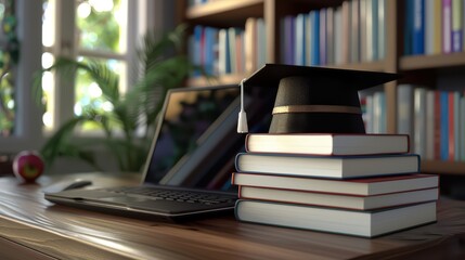 A student burdened by a towering stack of textbooks and a laptop