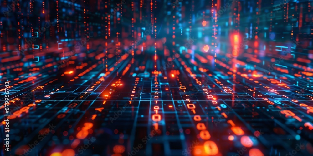Poster a digital matrix with streaming lights and binary codes portrays data flow and technology advancemen
