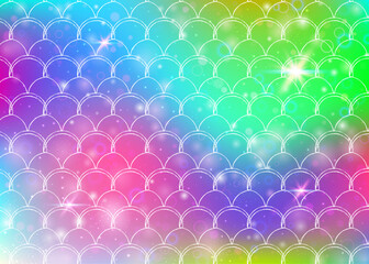 Princess mermaid background with kawaii rainbow scales pattern. Fish tail banner with magic sparkles and stars. Sea fantasy invitation for girlie party. Vibrant princess mermaid backdrop.