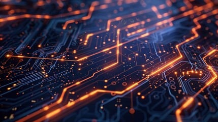 Futuristic Digital Network Concept with Glowing Circuit Board Patterns and Illuminated Nodes