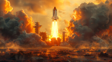 space shuttle taking off from the launch pad, with smoke and flames billowing behind it, creating an epic scene of movement and power