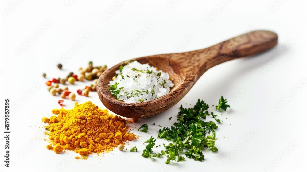 Poster a close-up view of a wooden spoon filled with various spices, ideal for use in cooking or as a decor