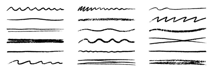 Chalk lines, charcoal highlight strokes doodle set. Pencil underlines, kids crayon strips, brush line in sketch style. Grunge texture. Hand drawn vector illustration isolated on white background