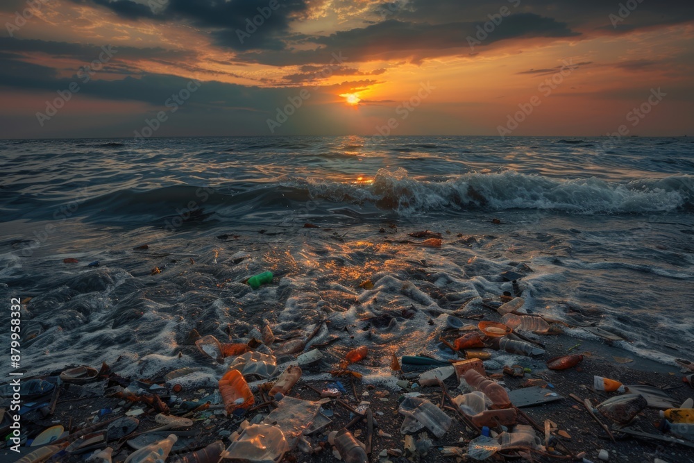 Poster image shows a beach filled with trash as the sun sets in the background