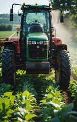 Obraz premium A tractor for tilling the field stands on an agricultural field during the growing season to work the soil and care for the crops
