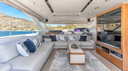 Luxurious yacht interior with plush seating and modern design, comfort and elegance concept