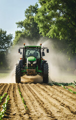 Fototapeta premium A tractor for tilling the field stands on an agricultural field during the growing season to work the soil and care for the crops