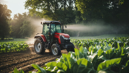 Fototapeta premium A tractor for tilling the field stands on an agricultural field during the growing season to work the soil and care for the crops