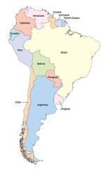 Editable vector file of South America in various colors with labeled countries