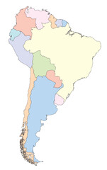 Editable vector file of South America in various colors.