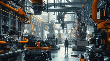 A worker in a factory surrounded by automated machines