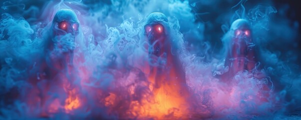 Eerie scene showcasing three ghostly figures in a foggy, fantastical environment with glowing lights and mystical atmosphere.