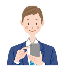 スマホを操作するスーツの若い男性のイラスト　サラリーマン　会社員　ビジネス