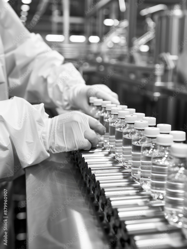 Sticker worker in white lab coat is filling bottles with water