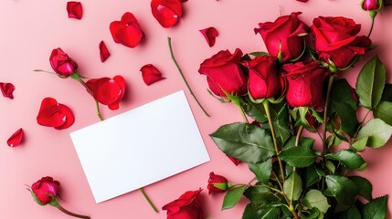 Valentine s Day celebration with red roses and blank card on pink background