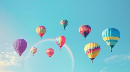 Obraz premium Vibrant Hot Air Balloons Soaring in Clear Blue Sky with Rainbow - Joyful Adventure and Freedom Concept