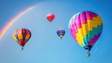 Fototapeta premium Vibrant Hot Air Balloons Floating with Rainbow in Blue Sky