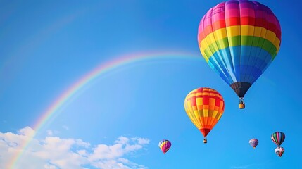 Fototapeta premium Majestic Hot Air Balloons Soaring with Rainbow in Clear Blue Sky