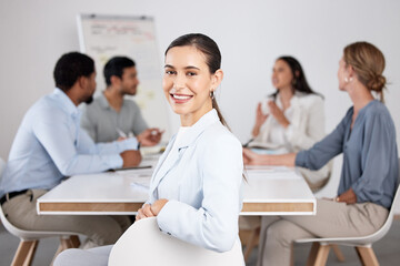 Portrait, people or happy businesswoman in meeting for project, teamwork or collaboration for...