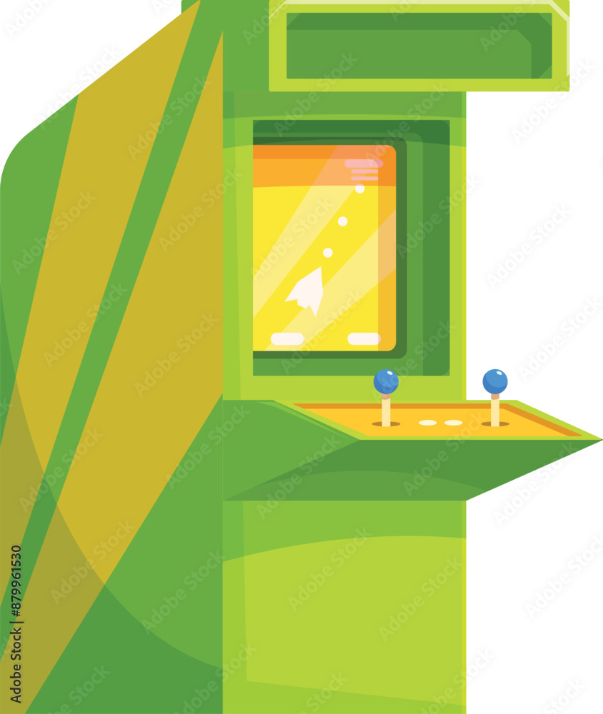 Poster green colored upright arcade game machine with a screen displaying a game being played