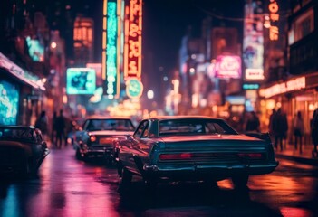 street city give 70s cyberpunk chaos vintage lot stable designed back art feeling glowing neon sign people diffusion car