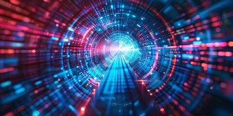 Obraz premium Dynamic depiction of a neon tunnel with vibrant blue and red lights, illustrating technological progress.