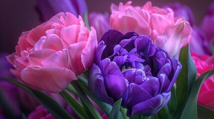 Obraz premium Pink and purple tulips Double peony tulips isolated Colorful flowers for holidays Celebrating mothers and women Welcoming Spring Double late tulips