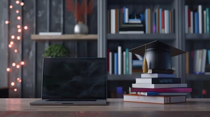 An elegant 3D render featuring a laptop, stacked books, and a graduation cap