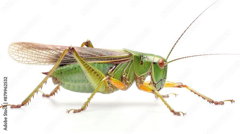 Poster a close-up shot of a green grasshopper sitting on a white surface, with minimal distractions