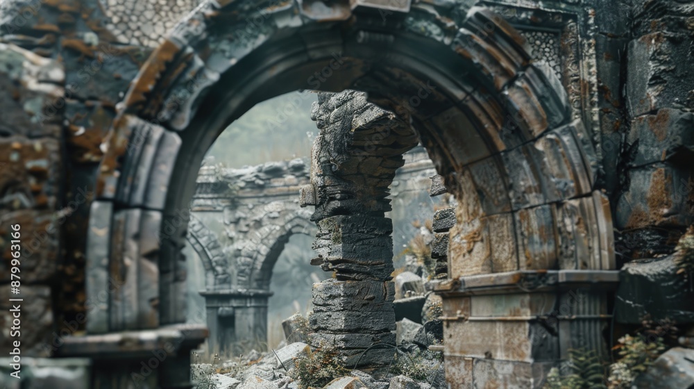 Poster a stone arch surrounded by moss and vines, located within an old stone building