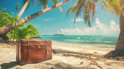 Vintage Suitcase on Tropical Beach Under Palm Trees