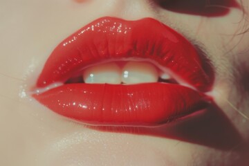 Obraz premium Woman's lips with vibrant red lipstick. Perfect for beauty, fashion, and makeup-related projects. Beautiful simple AI generated image in 4K, unique.