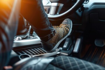 Obraz premium A person's feet are on a foot pedal in a car, a common scene for driving