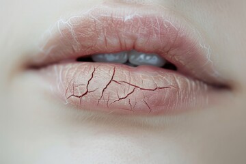 Close up of the mouth of a Caucasian woman biting off a piece of porous chocolate. Three-quarter front view. Low angle view.. Beautiful simple AI generated image in 4K, unique.