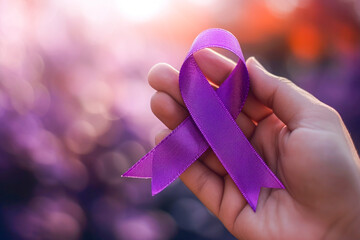 Hand with purple ribbon on purple background of cancer awareness illustration, copy space