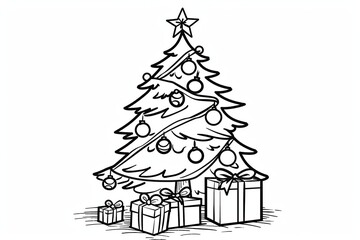 Obraz premium Image of a Christmas tree for coloring, featuring detailed outlines of ornaments and decorations. Perfect for children's activities and holiday fun