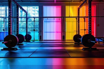 Energetic morning gym session with colorful lighting and barbells ready for weightlifting