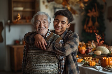 Elderly Hispanic man and young boy smiling and hugging in a festively decorated room. Concept of family love, joy, and Thanksgiving