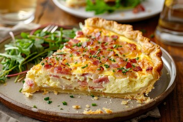 Savory Quiche Lorraine on rustic plate with bacon, cheese, and onions, small salad with fresh greens