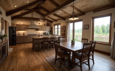 Fototapeta premium Cozy rustic farmhouse dining room with wooden beams, vintage furniture, and potted herbs
