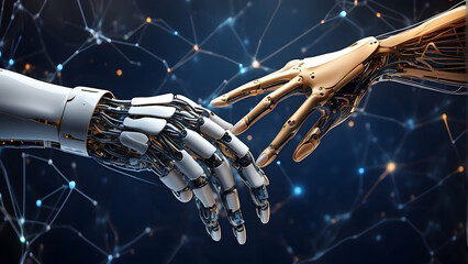 Robotic hands touching in a networked space