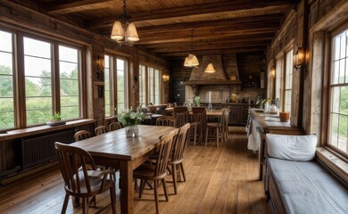 Cozy rustic farmhouse dining room with wooden beams, vintage furniture, and potted herbs