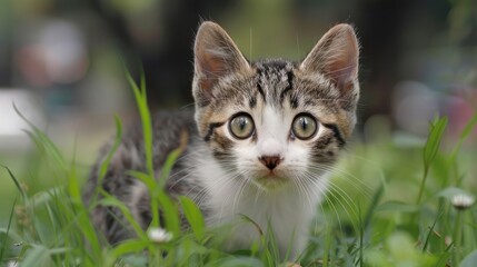 Fototapeta premium A scared cat on the grass
